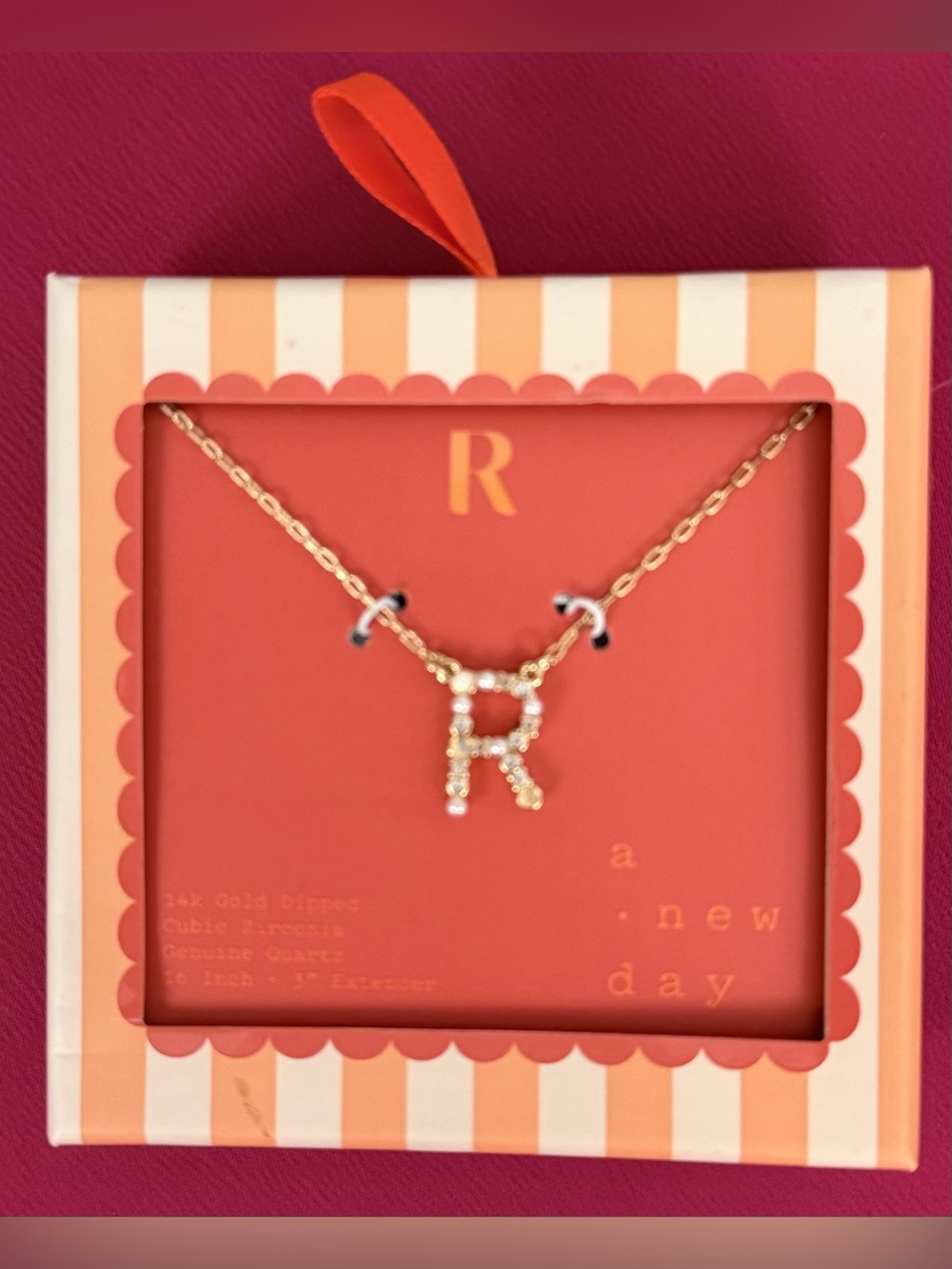 14K Gold Dipped Initial R Necklace with Genuine Quartz & CZ Crystals 16”w/3”Ext.